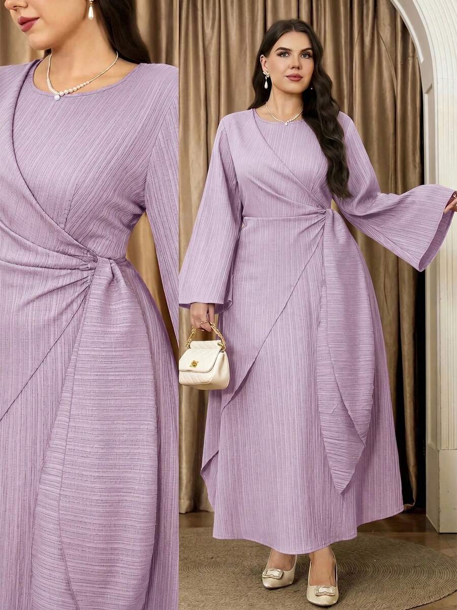 Veilorie Plus Size Solid Color Round Neck Flare Sleeve Elegant Long Dress For Summer Fall - Mauve Purple - View 1