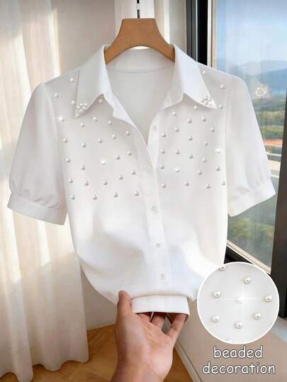 Airaco Blusa casual/de trabajo de manga corta elegante y ajustada con cuello con tachuelas para mujeres