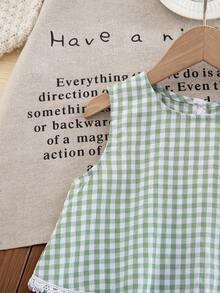 Emery Rose Kids Young Girl Plaid Print Round Neck Tank Top And Mini Skirt Cute Fashion Set, Outdoor Casual Daily Elegant Holiday Wear - Green - View 8