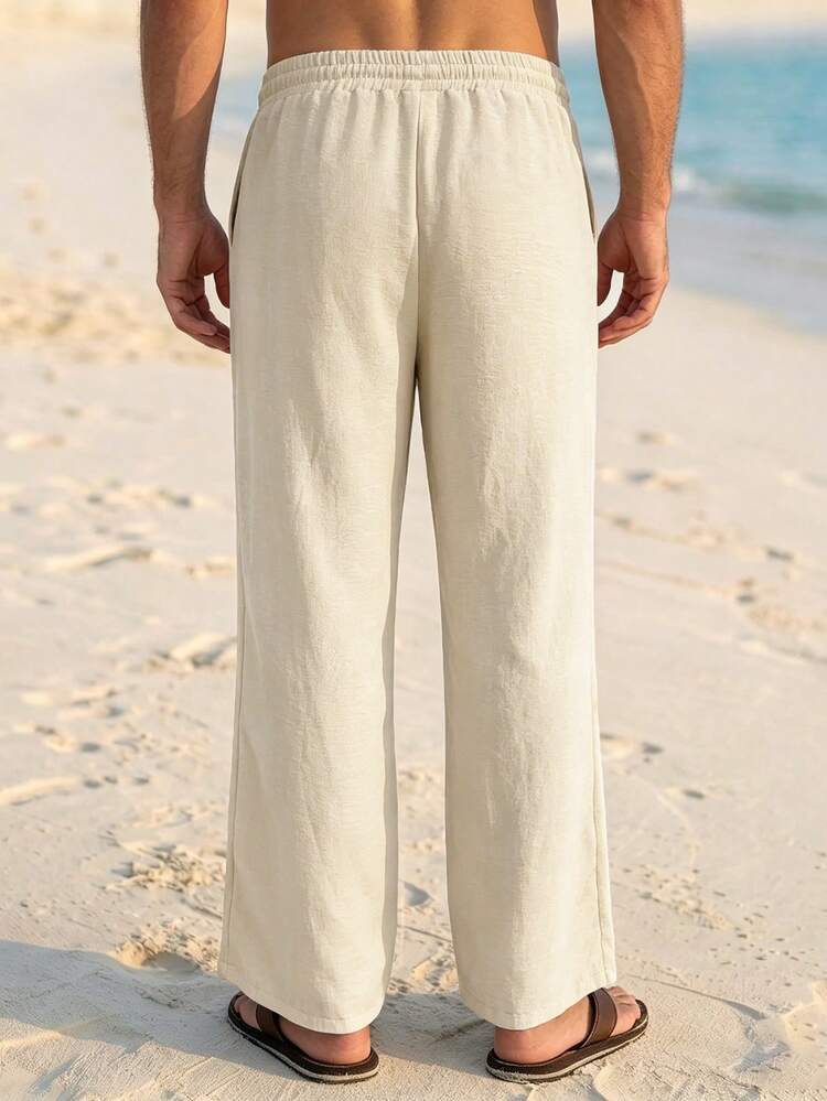 Manfinity RSRT Men's Beige Linen Casual Pants, Vacation & Leisure, Holiday - Beige - View 2