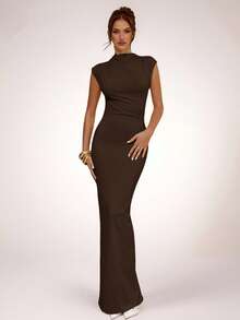 SHEIN BAE Apricot Asymmetric Ruched Bodycon Dress, Elegant Basic Minimalist Long Dress, Spring/Summer,Summer Dresses For Women - Coffee Brown - View 7