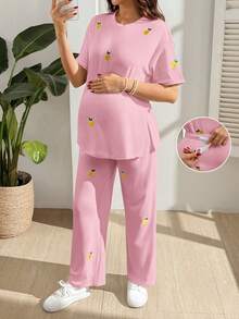 GentleRue Maternity Maternity Casual Cute Lemon Embroidery T-Shirt And Pants 2 Pieces Set Everyday Maternity Pink Summer - Pink - View 4