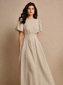 Poéselle Women's Solid Color Round Neck Petal Sleeve Elegant Dress,Dresses For Women Summer - Apricot - View 6
