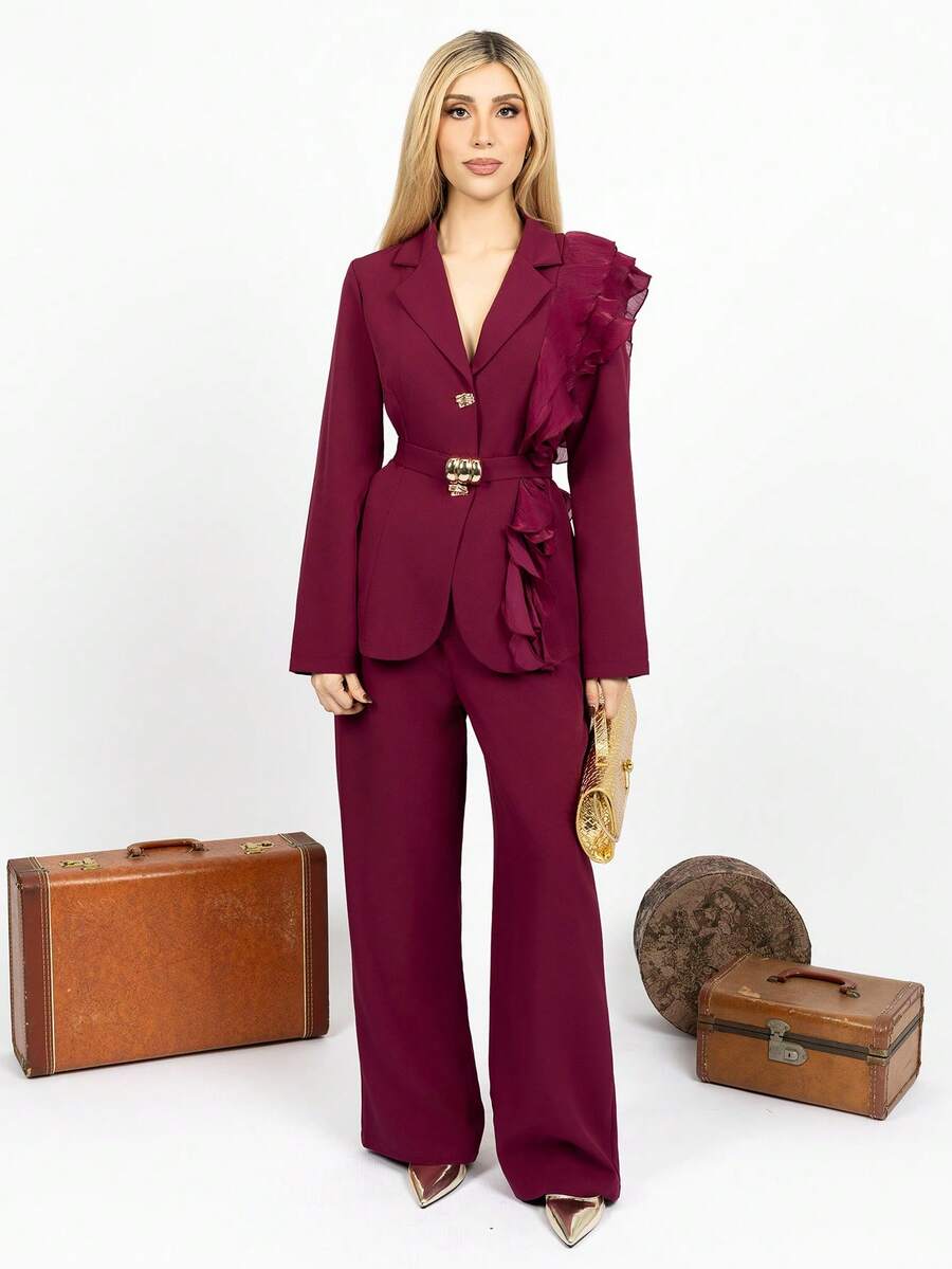 PRISCILA ESCOTO PRISCILA ESCOTO 女士优雅奢华正式礼服套装,亮片欧根纱荷叶边领带西装套装,包含长袖外套和直筒裤,酒红色,适合万圣节、圣诞节、新年派对、毕业典礼、婚礼等场合。 - 酒紅色 - 查看 1