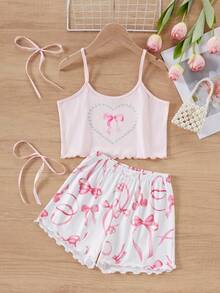 SHEIN Girls Happy Pattern Short Sleeve Shorts Camisole Pajama Set, Suitable For Autumn, Winter, All Seasons - White - View 3