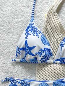 SHEIN Teen Girls' Summer Beach Vacation Blue & White Ocean Creature Print Halter Bikini Set - Blue and White - View 3