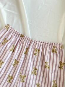 SHEIN 少女可爱小熊印花粉色条纹图案休闲舒适短袖短裤两件套睡衣，阻燃 - 粉色 - 查看 4