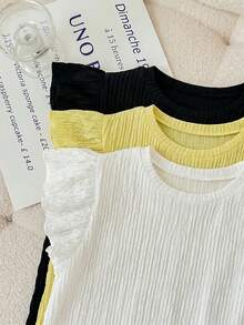 SHEIN LMoss Kids 3件套少女休闲提花针织纯色圆领短袖上衣 - 彩色 - 查看 3