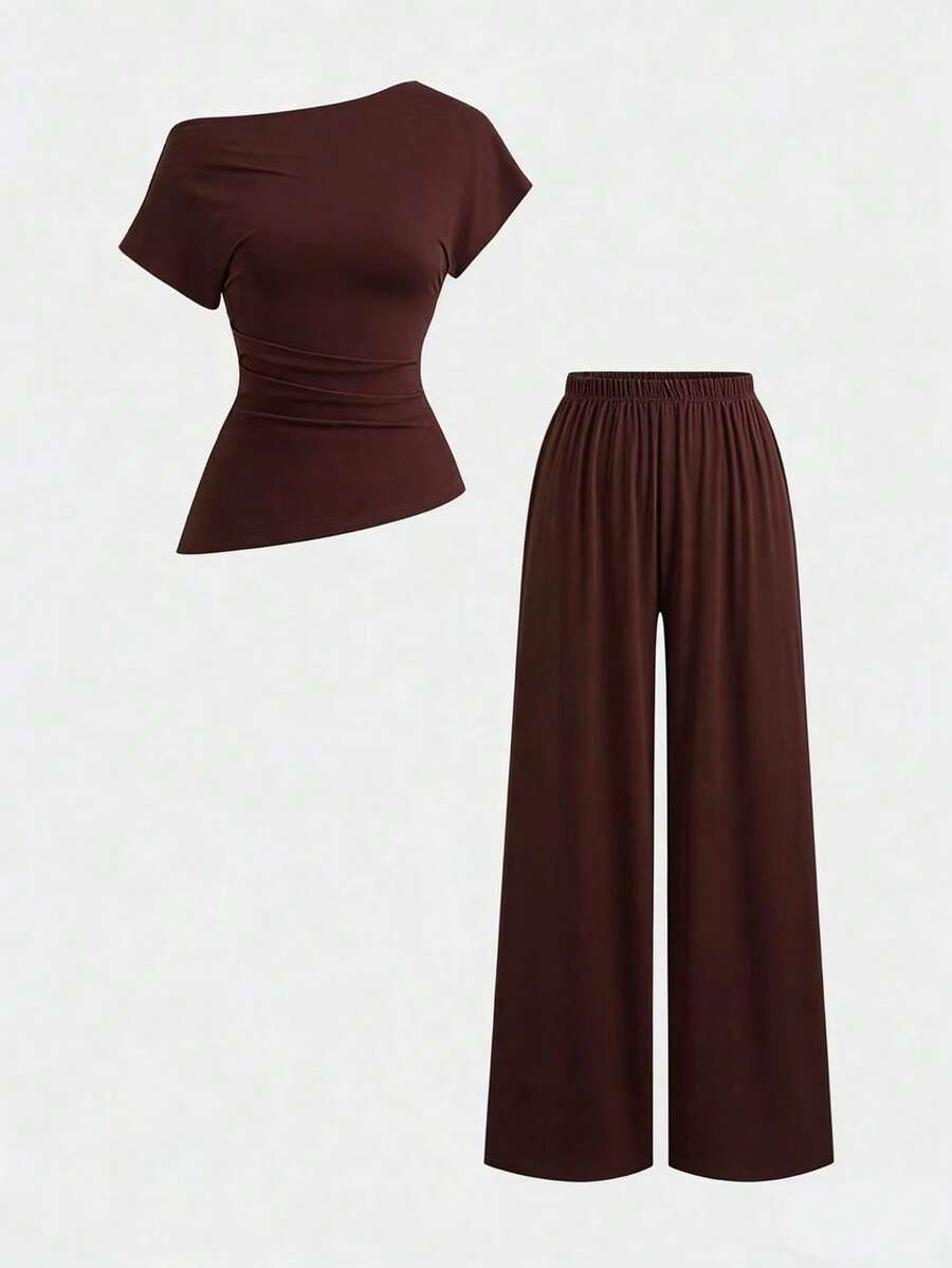 Sweetra Women's New Fashion Versatile Solid Color Asymmetric Shoulder Fitted Top + Long Pants 2 Pieces Set - Mocha Brown - View 1
