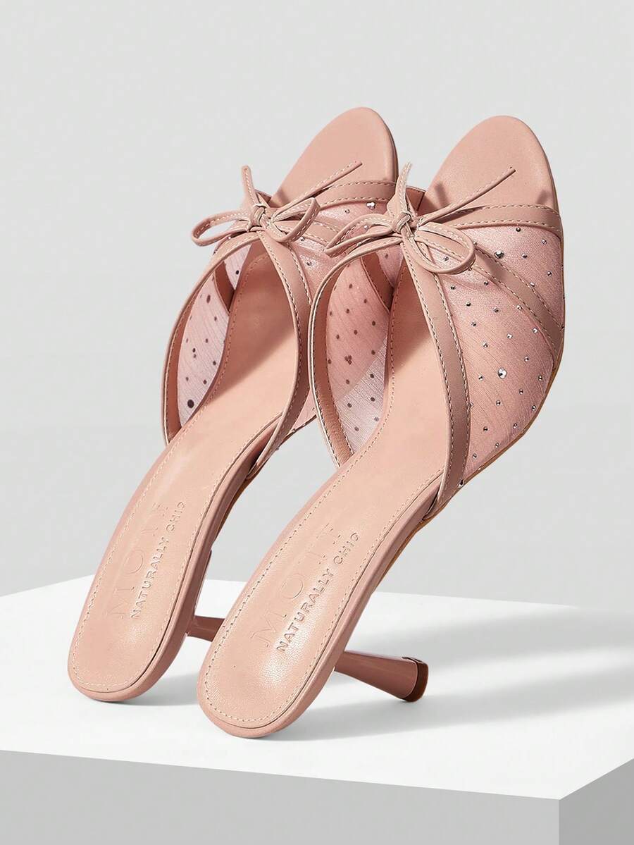MOTF PREMIUM RHINESTONE BOW DECOR ROUND TOE HEELED SANDALS SUMMER SHOES - Pink - View 1
