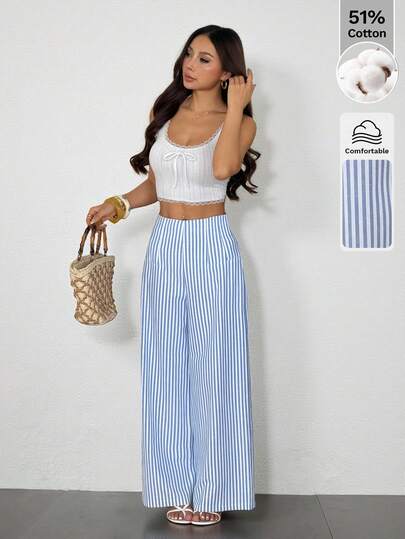 SHEIN PETITE 女士简约休闲时尚返校季复古通勤条纹高腰纹理阔腿裤