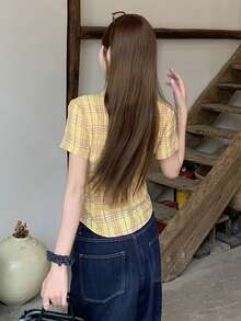 DAZY Plaid Fitted Waist Short Sleeve Collared Casual Vacation Blouse For Women Summer School - Yellow - View 3
