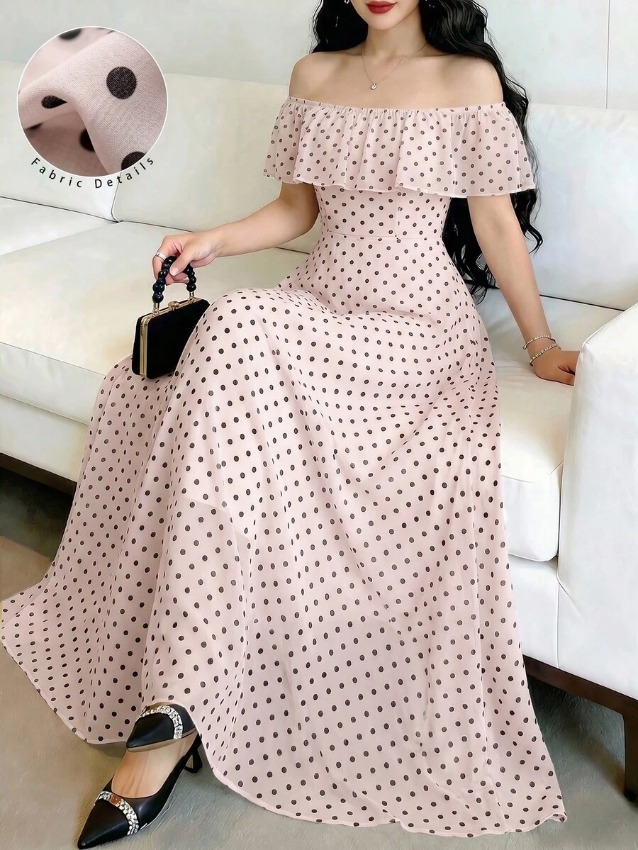 Modelyn Gaun Elegan Modis Model Off-Shoulder Motif Polkadot dengan Pinggang Ramping, Musim Semi/Panas - Berwarna merah muda - View 1