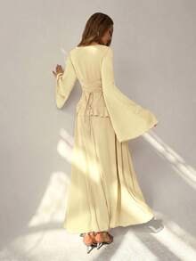 Aloruh Women's Elegant One-Shoulder Flare Sleeve Ruffle Cinched Waist Back Dress, Pale Yellow Gala Dinner Summer,Wedding Guest Clothes,Wedding Guest Dress Women - Light Yellow - View 4