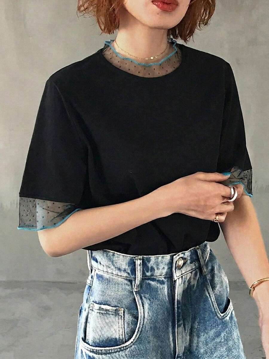 FRIFUL 女士休闲宽松透视网纱纯色T恤,春夏百搭 - 黑色 - 查看 1