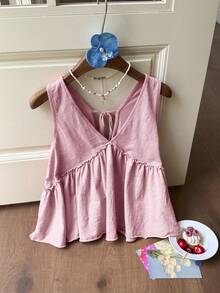 Comfortcana 夏季復古波希米亞拼接 A 字版水洗休閒細肩帶背心女裝 灰粉色沙灘風 - 粉色 - 查看 3