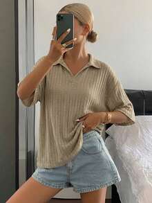 DAZY Áo sơ mi nữ dáng rộng, chất liệu ren, kiểu dáng thường ngày, có ve áo. - Màu Khaki - Xem 3