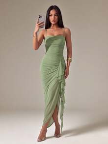 SHEIN PETITE Vestido camisola elegante de unicolor con volantes en el bajo, verano, vestidos para mujeres de verano, mujeres de talla pequeña - Verde - Ver 4