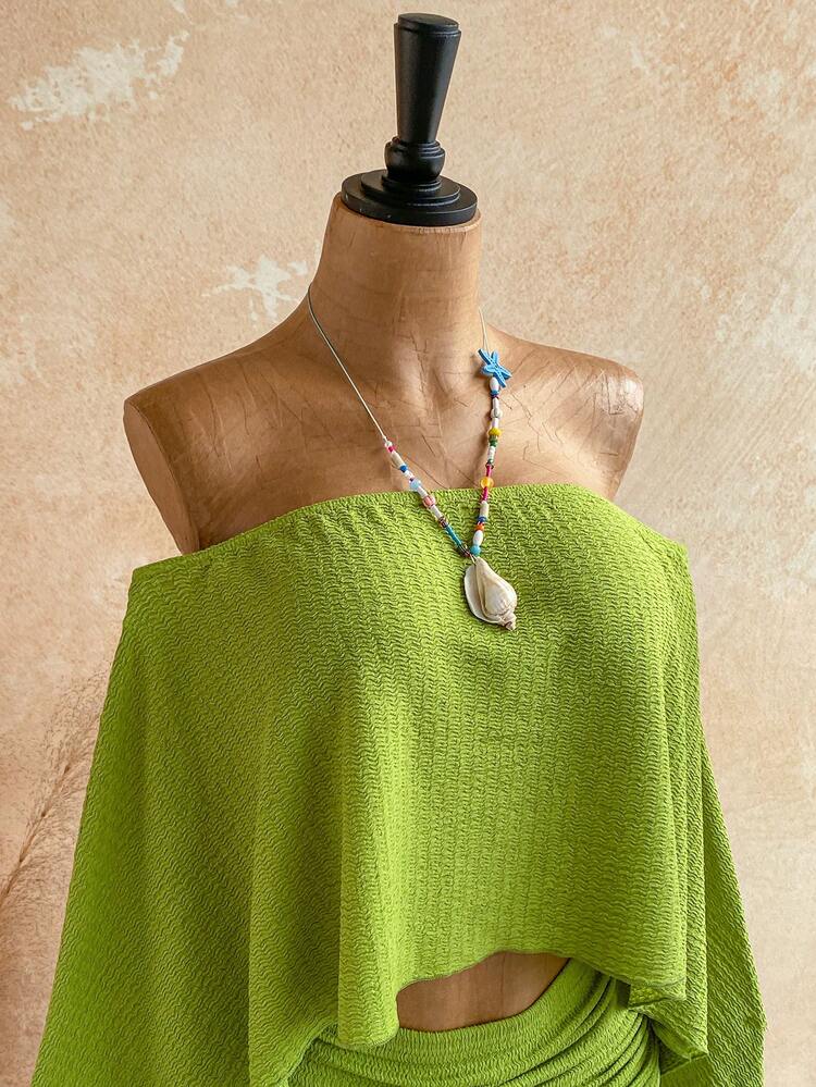 Soleia Lime Green Summer Boho Beach Holiday Holiday Asymmetric Shoulder Loose Top,Asymmetrical Hem,Low Waist Ruched Mini Skirt Set,Party Vacation Cruise - Green - View 3