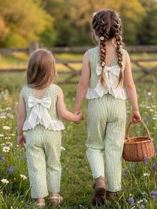 Emery Rose Kids Emery Rose Kids 2件套少女格子圆领休闲背心和裤子套装 - 綠色 - 查看 3
