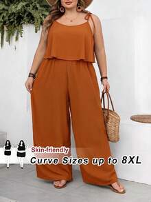 SHEIN CURVE+ Curve 尺码 US22 音乐节、海滨度假、波西米亚风女士休闲度假纹理纯色连体裤 - 藕粉色 - 查看 3