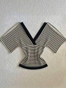 IslaSuriya 新款V领蝙蝠袖条纹拼接衬衫 - 彩色 - 查看 2