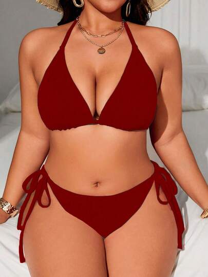 Swim Lushoire Bộ bikini hai mảnh buộc dây cổ màu trơn gợi cảm dành cho nữ cỡ lớn, thích hợp mặc đi biển mùa hè, gồm áo tắm và quần bơi tam giác.