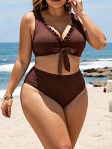 Swim Lushoire Plus Size Women Summer Beach Solid Color Ruched Casual Bikini And Triangle Panty Swimwear Set - Brown - View 3