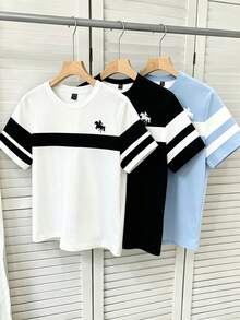 Manfinity Hypemode 3pcs Men's Classic Striped T-Shirt, Suitable For Daily Wear, Holiday - Multicolor - View 3