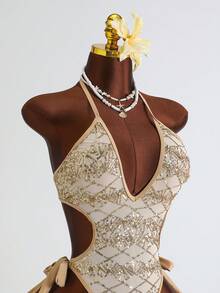 Costavie Bộ bikini liền thân gợi cảm đính sequin, kiểu cổ yếm, dành cho nữ, thích hợp cho mùa xuân/hè. - Vàng - Xem 8