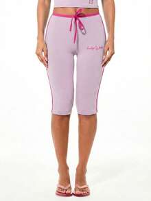BABYPHAT Leggings capri in jersey da donna con dettaglio a nodo, vita con coulisse, stampa a testo, viola rosa, casual estivo - Lilla Viola - Visualizzare 3