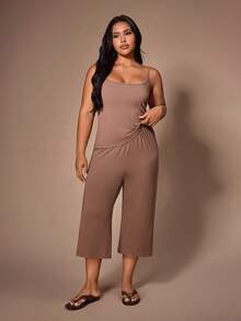 Lazeform 3pcs Solid Color Minimalist Camisole & Pants Loungewear Set, Plus Size, Spring/Summer - Coffee Brown - View 4