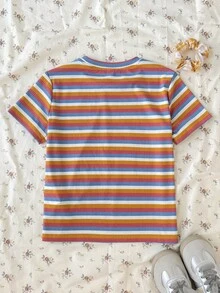SHEIN 少女/青少年女孩彩色条纹针织柔软T恤，休闲日常时尚百搭，适合外出、度假、露营、拍照、亲子装等场合。 - 彩色 - 查看 2