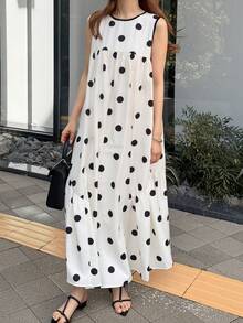 FRIFUL Vestido casual de mujer con estampado de lunares sin mangas, vestido de verano - Albaricoque - Ver 3