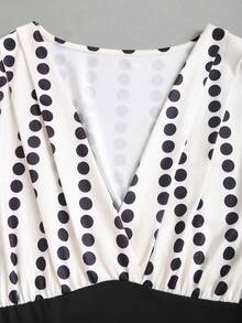 Sweetra Women's Elegant Commuter Day Party Asymmetric Polka Dot V-Neck Pleated Waist Sleeveless Top And Wide Leg Jumpsuit, White With Black Polka Dots, Spring - Black and White - View 5