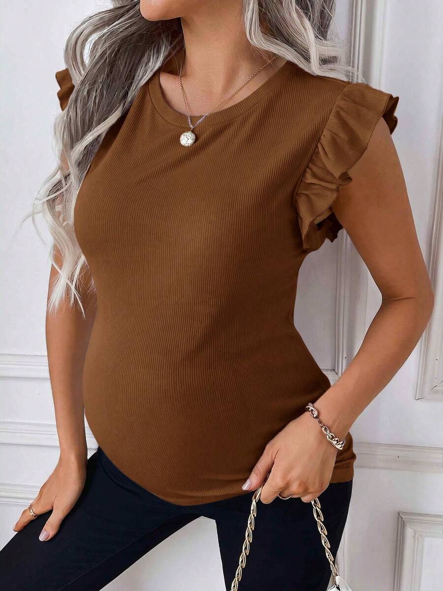 SHEIN 孕妇纯色圆领荷叶袖休闲T恤 - 棕色 - 查看 1