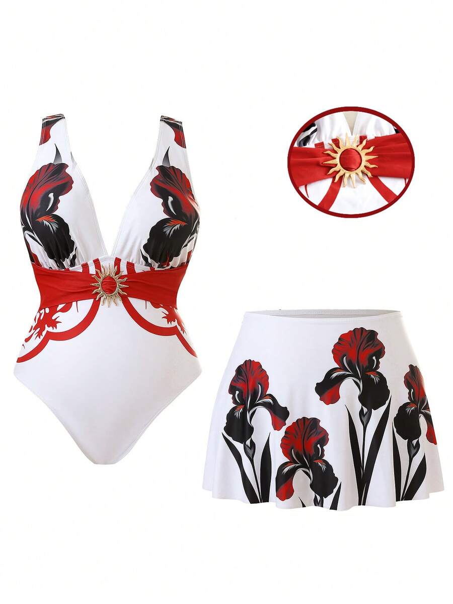 Swim Oasis 大码女士连体泳衣/分体泳衣,数码印花花卉图案,适合夏季海滩度假 - 彩色 - 查看 1