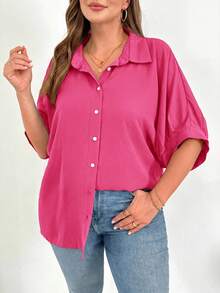 Shapeblank Kemeja Kancing Wanita Ukuran Besar Warna Pink Cerah, Blus Kerja Kasual Cerdas Musim Panas Sehari-hari, Atasan Guru Longgar dan Nyaman, Gaya Musim Semi Dasar yang Sederhana dan Serbaguna - Hot Pink - View 3