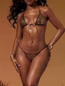 Hauture Tie Waist Fashion Studded Bikini Bottom,Chocolate Brown,Summer,Casual,Beach,Holiday,Vacation,Holiday Gold Studs Swimwear, Resort Chic Aesthetic - Brown - View 1