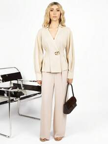 PRISCILA ESCOTO PRISCILA ESCOTO Stylish Metallic Pleated Elegant Fitted Cotton Blouse For Women, 100% Cotton Fitted A-Line Long Sleeve Blouse. Winter Spring - Apricot - View 6