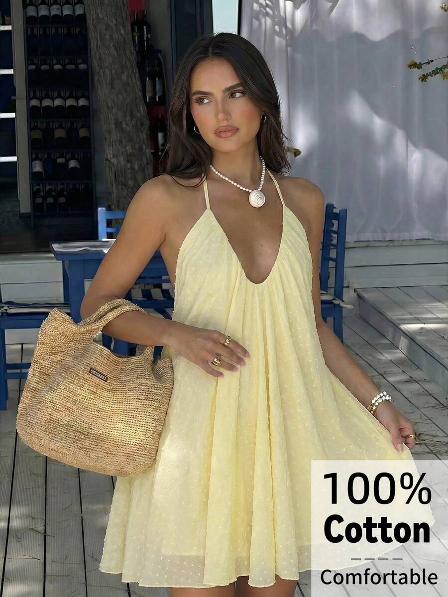 Aloruh Women's Deep V-Neck Spaghetti Strap A-Line Flowy Ruffle Hem Dress, Green,Dresses For Women Summer - Yellow - View 1