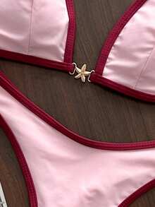 Swim Mod Spring/Summer Solid Color Triangle Wireless Halter Backless Top And Swim Shorts Women Sexy Bikini Set For Beach Vacation - Pink - View 5