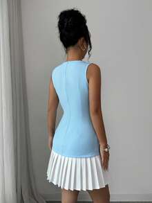 SHEIN Elenzya Women's Elegant Commuter French Style Sleeveless Round Neck Waist Gathered A-Line Hem Pleated Mini Dress, Spring/Summer - Blue and White - View 2