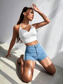 SHEIN ICON 女士休闲水洗高腰修身牛仔短裤 - 淺色水洗藍 - 查看 5