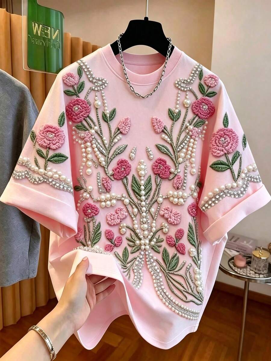 Franclia 大码女式休闲百搭碎花T恤 - 粉色 - 查看 1