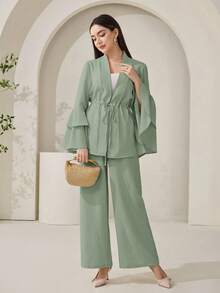 Veilorie Women's Stylish Sage Green Two-Piece Outfit With Ruffle Cuff Jacket And Wide Leg Pants - Green - View 5