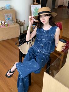 DAZY 女款圓領蝴蝶結牛仔襯衫與長褲套裝，韓式夏季風格 - 藍色 - 查看 7