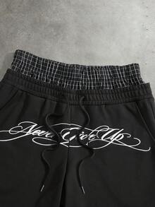 Manfinity Roghcode 男士對比色腰帶刺繡文字休閒口袋短褲，度假風 - 黑色 - 查看 3