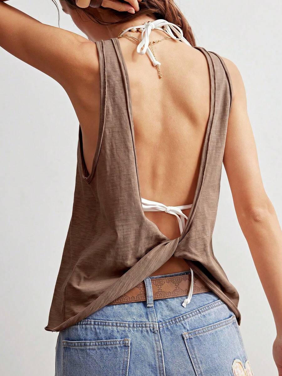 Bohemela Camiseta sin espalda de punto de unicolor para mujer, primavera/verano - Café integral - Ver 1