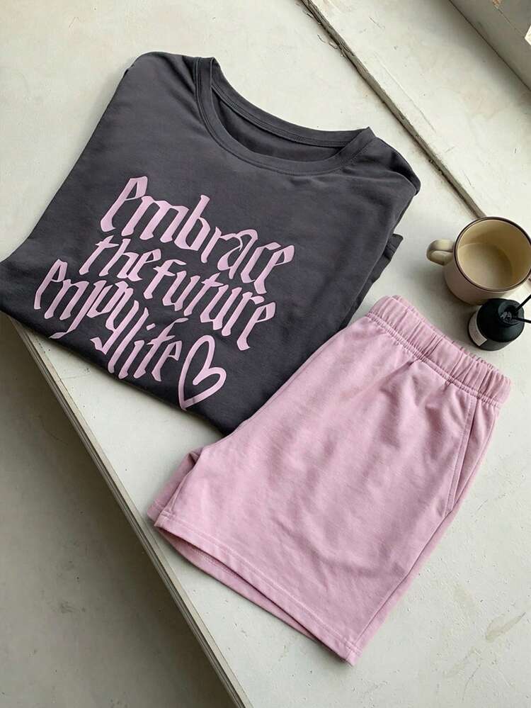 Dazy Plus Cute Girl's Casual Homewear Letter Print Short Sleeve Top And Solid Color Loose Pajama Pants Set, Plus Size, Spring/Summer